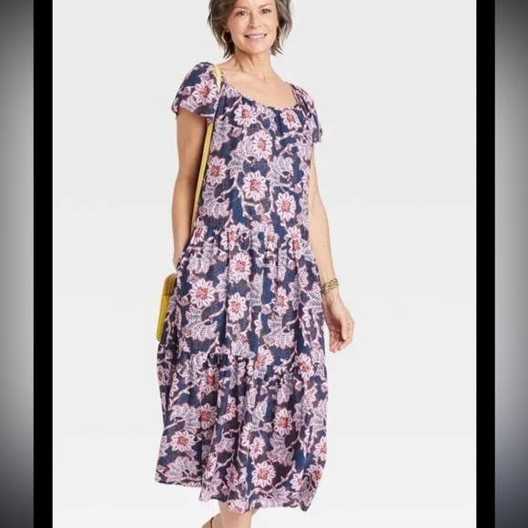 Knox Rose Dresses & Skirts - Knox Rose Size XL Lavender Navy Floral Scoop Neck Dress